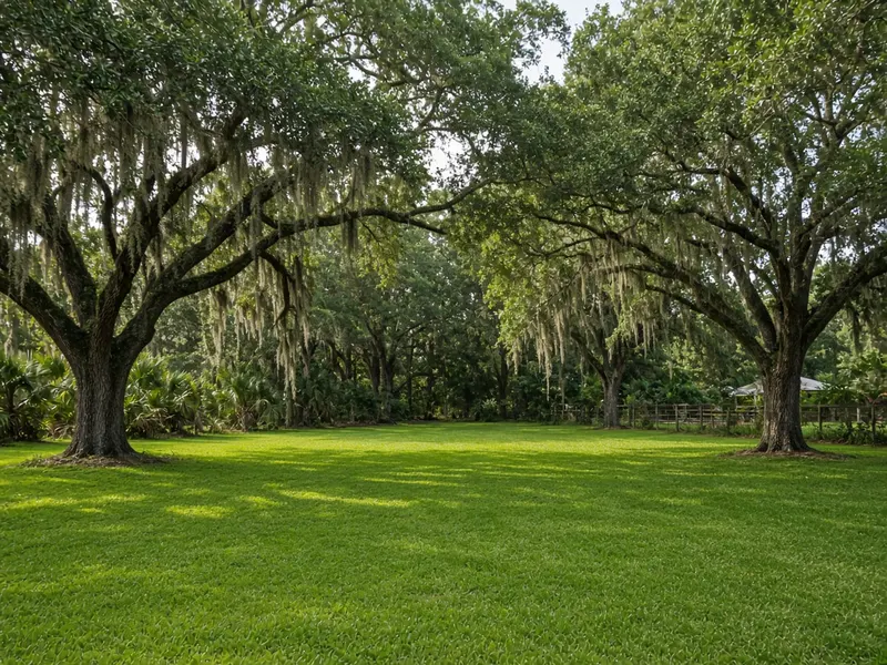 Green lawn over a septic drainfield shaded by live oaks with Spanish moss