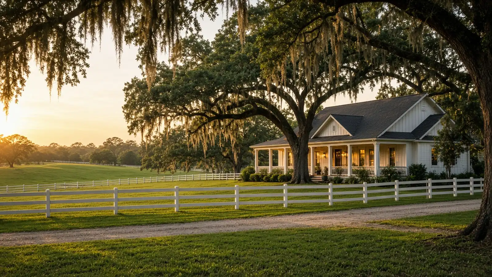Ocala horse country farmhouse with white board fence and pasture at golden hour