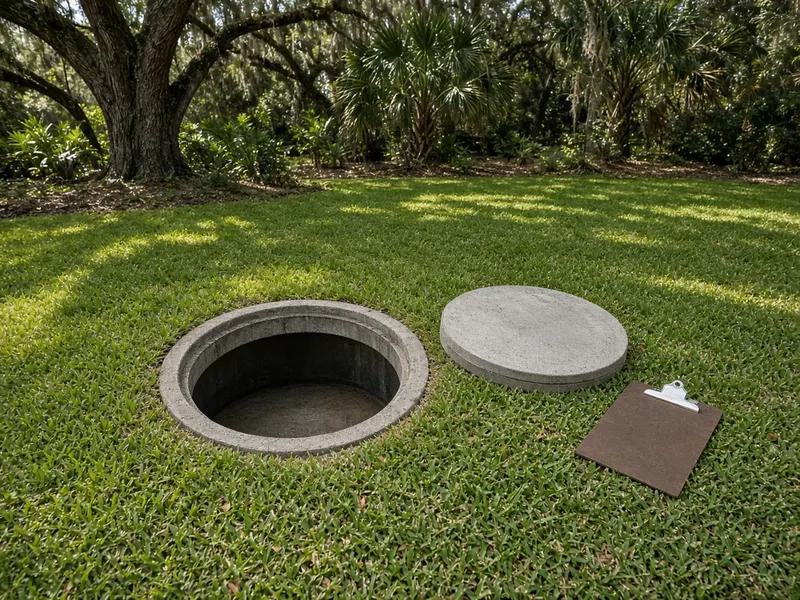 Open round concrete septic tank lid in a Florida lawn with its lid set beside it and a clipboard nearby